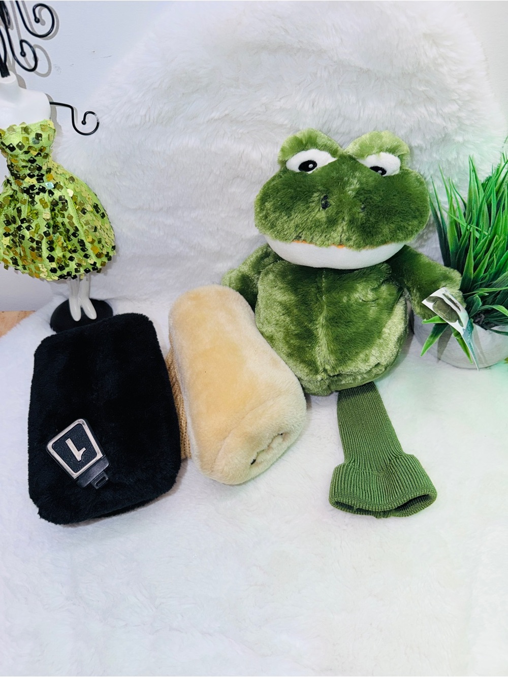 NWT Plush Green Frog Golf Club Headcover Plus 1 & 3 Covers 🐸